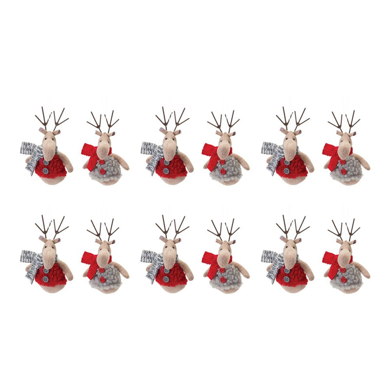 Melrose International Plush Deer/Sweater Ornament, Set of 12, Grey/Red