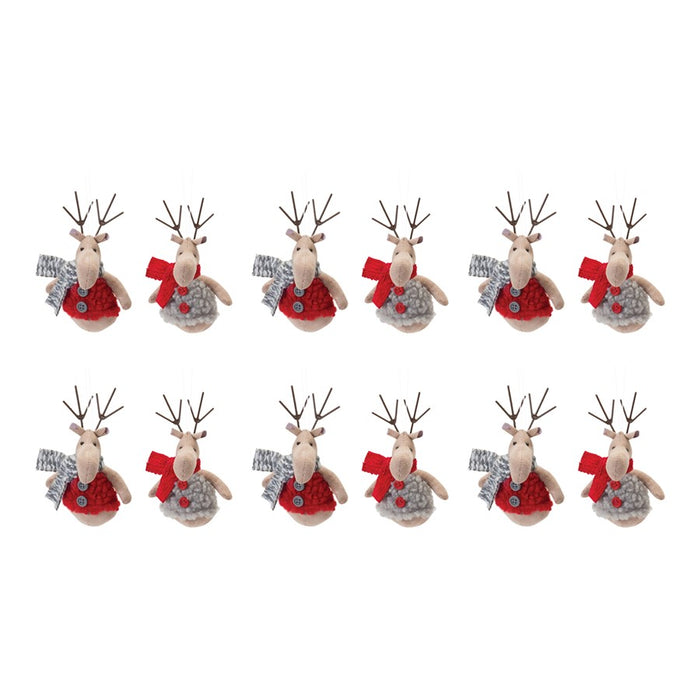 Melrose International Plush Deer/Sweater Ornament, Set of 12, Grey/Red