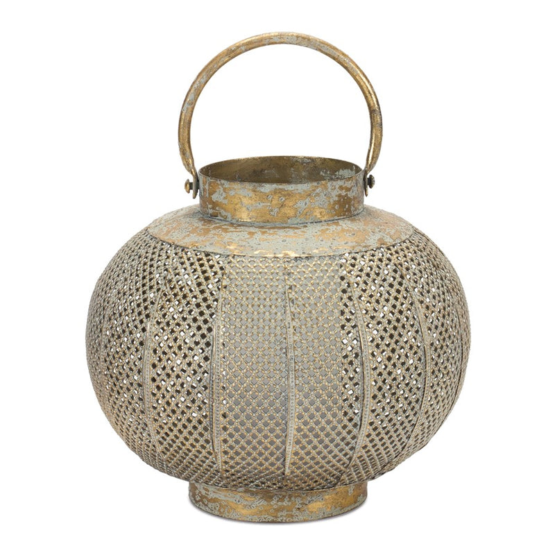 Melrose Distressed Punched Metal Lantern 8.5"D, Copper/Green - 87274DS