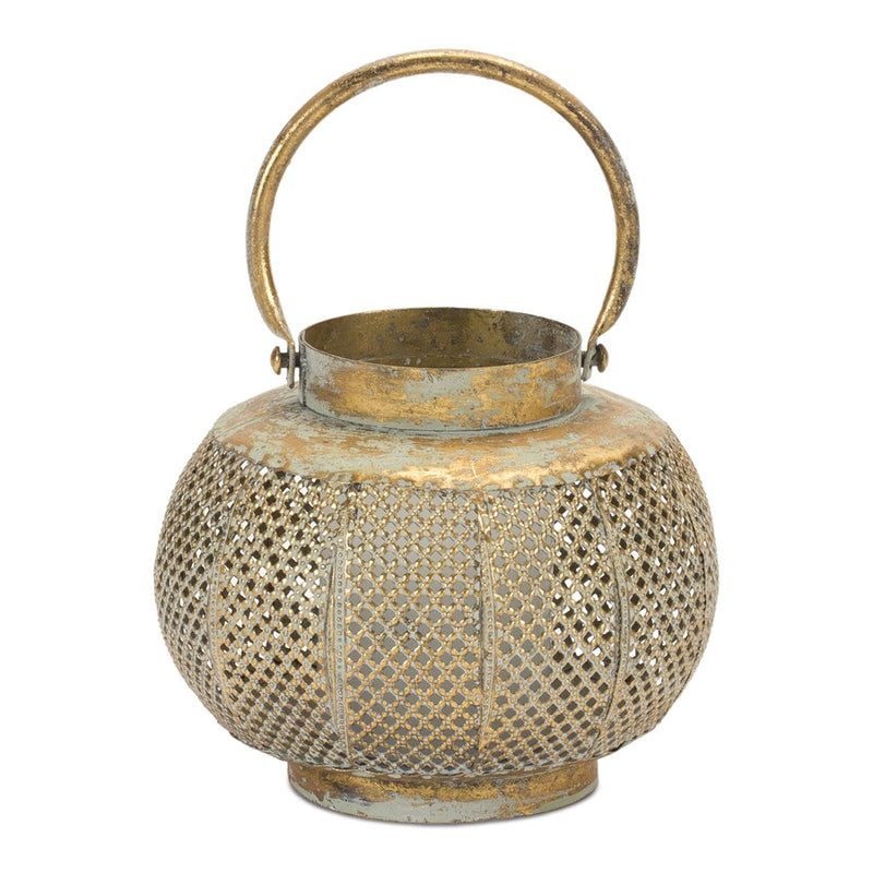 Melrose Distressed Punched Metal Lantern 7.5"D, Copper/Green - 87275DS