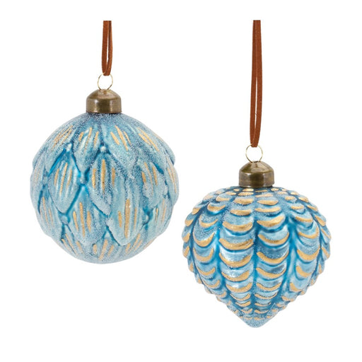 Melrose Frosted Scallop Glass Ornament, Set of 12, Blue/Gold - 87316DS