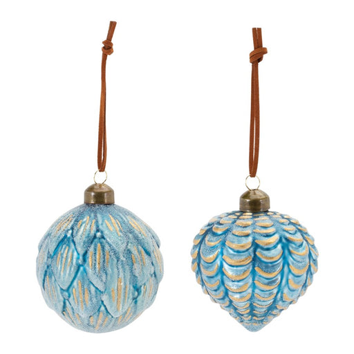 Melrose Frosted Scallop Glass Ornament, Set of 12, Blue/Gold