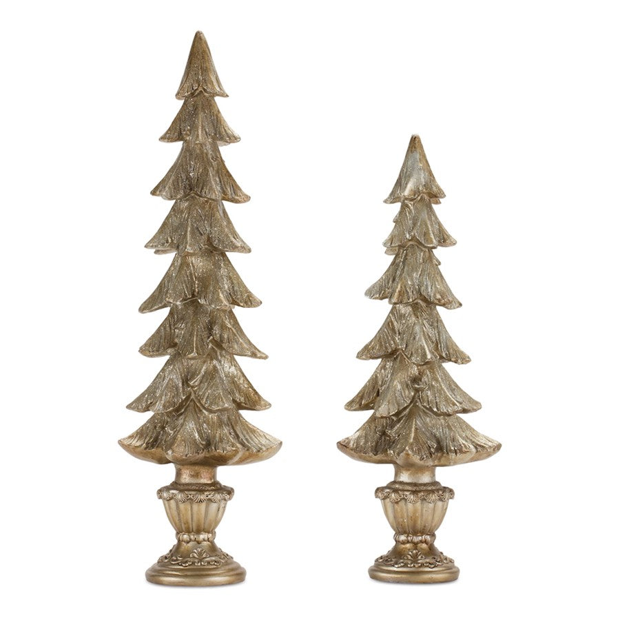 Melrose International Pine Tree on Pedestal, Set of 2, Gold - 87319DS