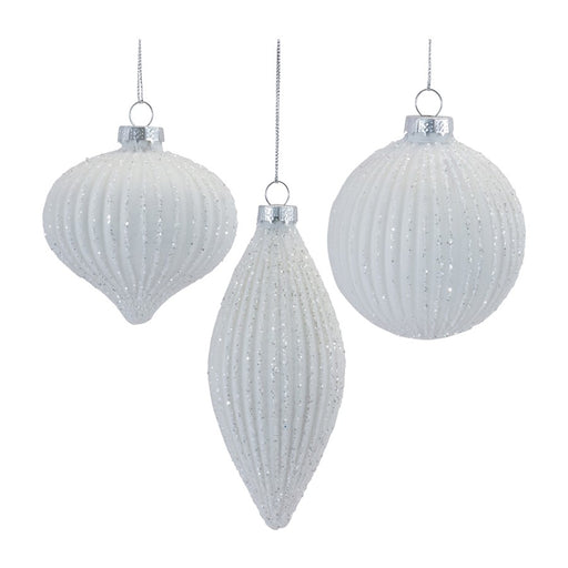 Melrose International Glitter Ribbed Glass Ornament, Set of 12, White - 87357DS