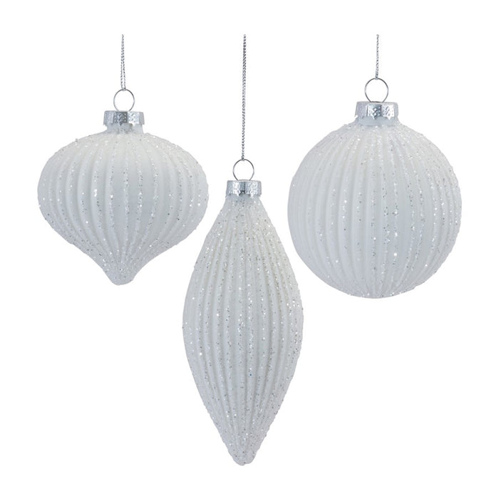 Melrose International Glitter Ribbed Glass Ornament, Set of 12, White - 87357DS
