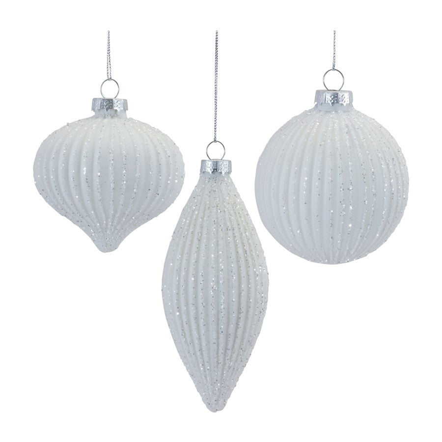 Melrose International Glitter Ribbed Glass Ornament, Set of 12, White - 87357DS