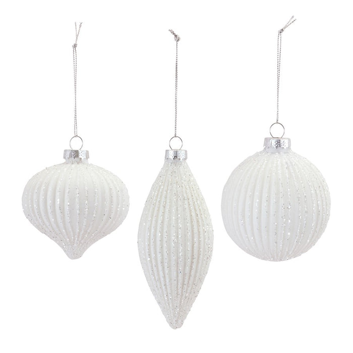 Melrose International Glitter Ribbed Glass Ornament, Set of 12, White