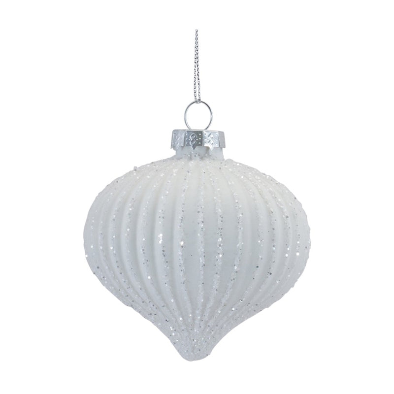 Melrose International Glitter Ribbed Glass Ornament, Set of 12, White