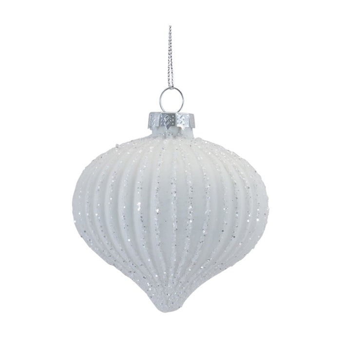 Melrose International Glitter Ribbed Glass Ornament, Set of 12, White