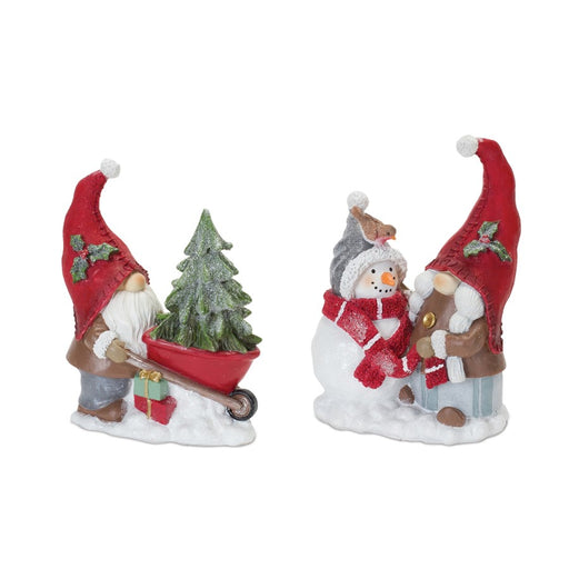 Melrose Gnome Figurine/Snowman/Pine Tree, Set of 2, Red/White/Green - 87374DS