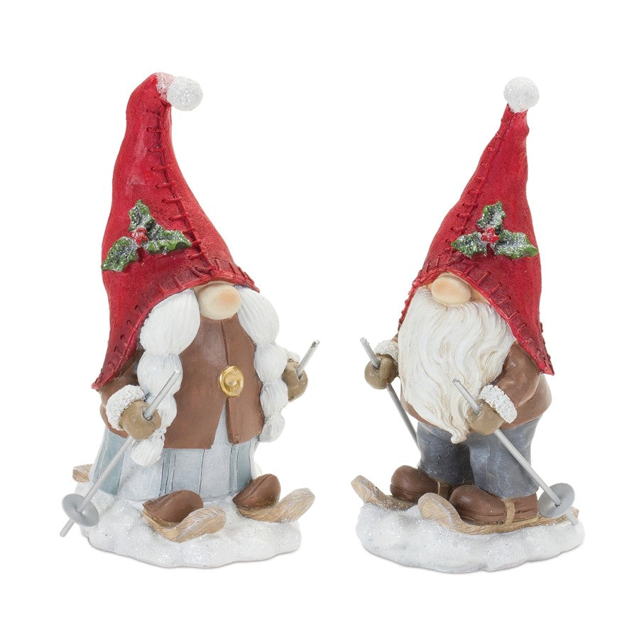 Melrose Winter Gnome on Skis Figurine, Set of 2, Red/White - 87376DS