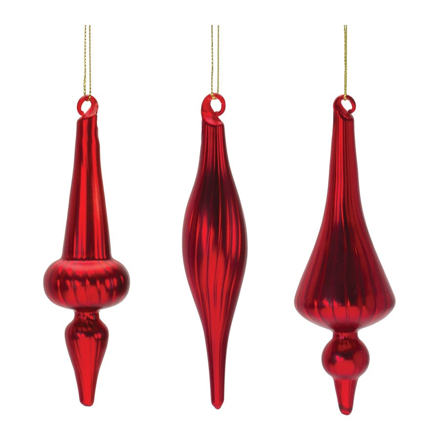 Melrose International Ribbed Glass Finial Ornament, Set of 12, Red - 87377DS