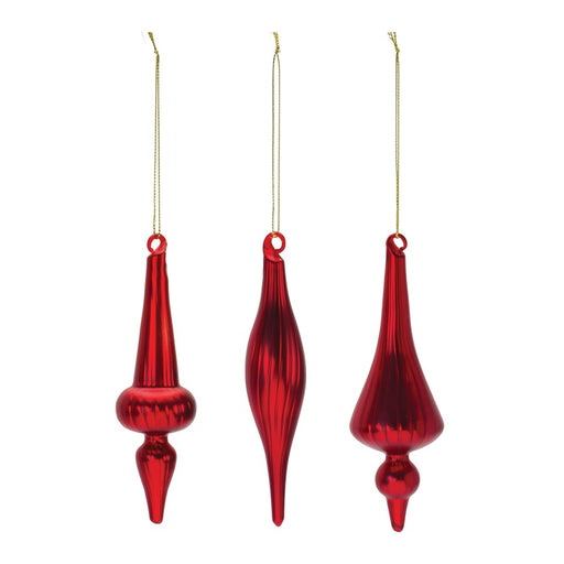 Melrose International Ribbed Glass Finial Ornament, Set of 12, Red