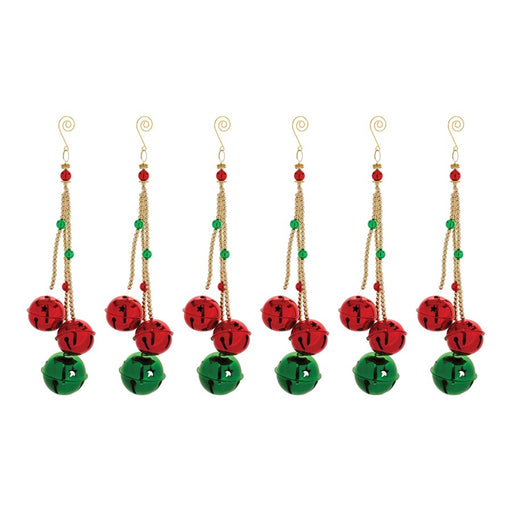 Melrose Sleigh Bell Drop Ornament, Set of 6, Gold/Green/Red