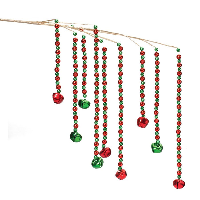 Melrose Hanging Sleigh Bell Branch, Set of 2, Champagne/Green/Red - 87408DS