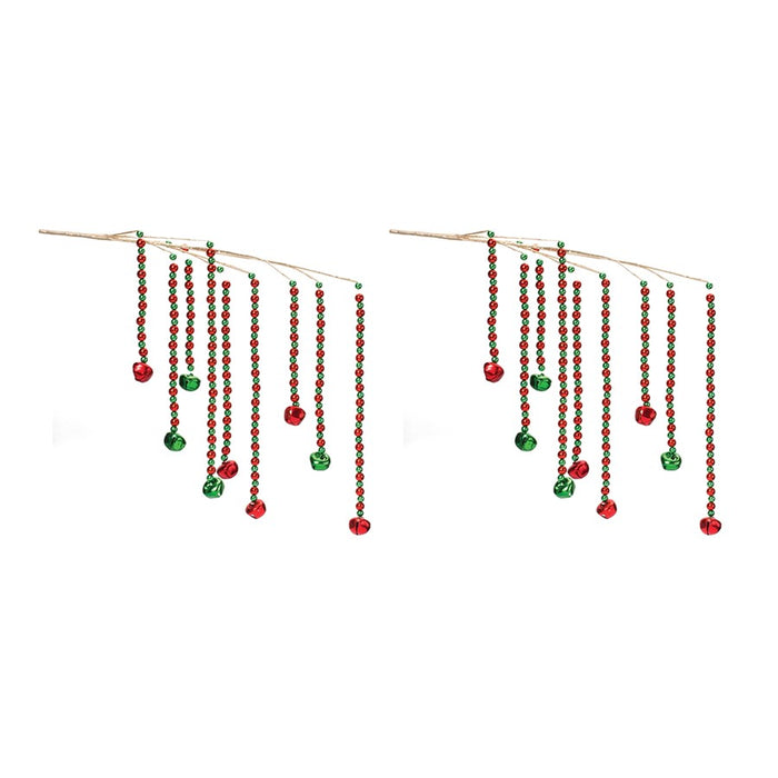 Melrose Hanging Sleigh Bell Branch, Set of 2, Champagne/Green/Red