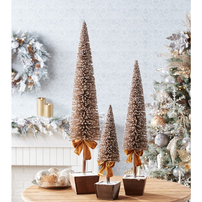 Melrose Potted Bottle Brush Pine Tree, Set of 3, Gold/White