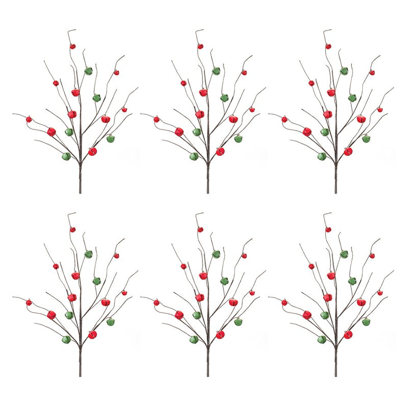 Melrose Sleigh Bell Twig Branch, Set of 6, Brown/Green/Red