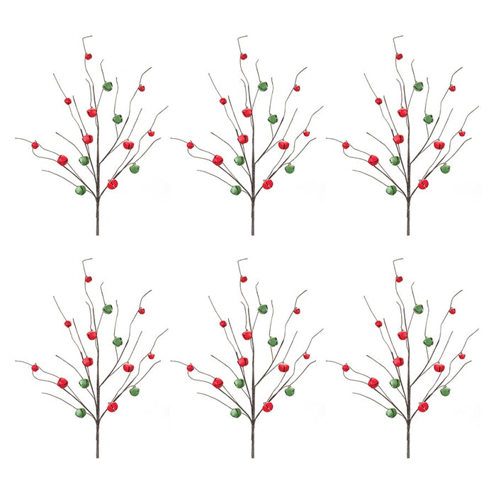 Melrose Sleigh Bell Twig Branch, Set of 6, Brown/Green/Red