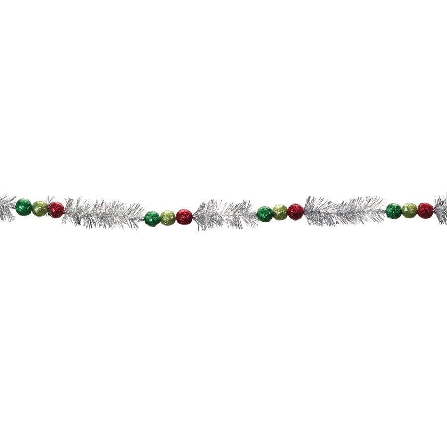 Melrose Int. Beaded Tinsel Garland, Set of 6, Silver/Red/Green - 87459DS