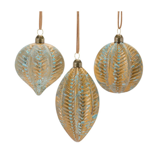 Melrose Distressed Ribbed Glass Ornament, Set of 12, Blue/Brown - 87472DS