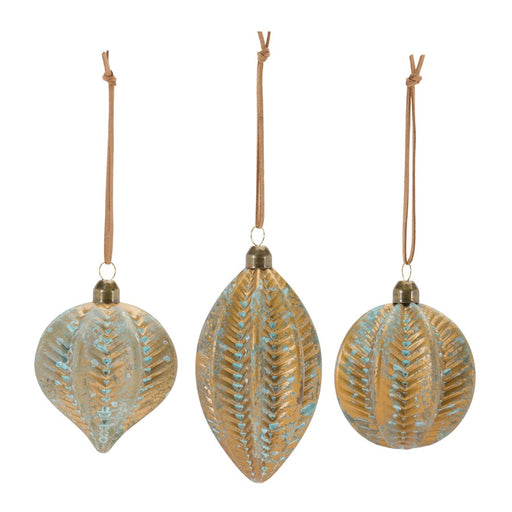 Melrose Distressed Ribbed Glass Ornament, Set of 12, Blue/Brown