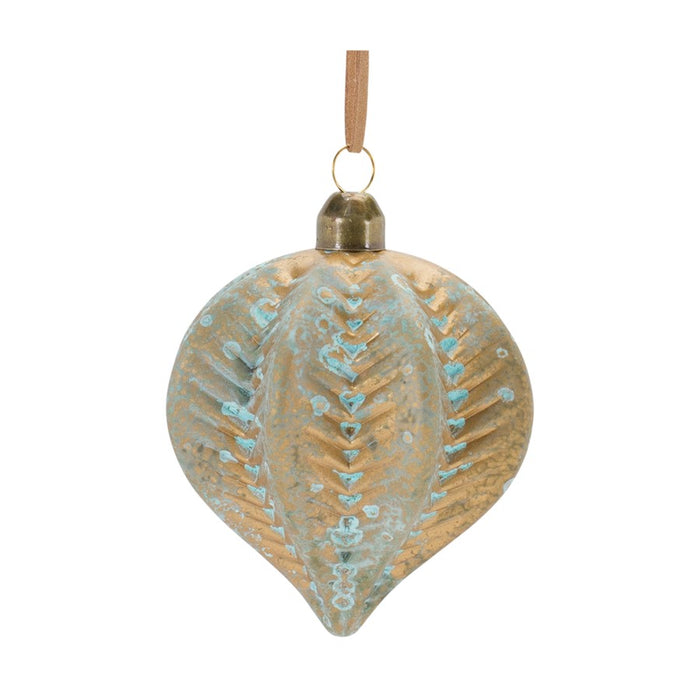 Melrose Distressed Ribbed Glass Ornament, Set of 12, Blue/Brown