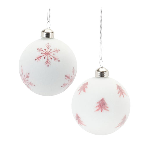 Melrose Frosted Snowflake/Tree Ball Ornament, Set of 12, White/Red - 87476DS