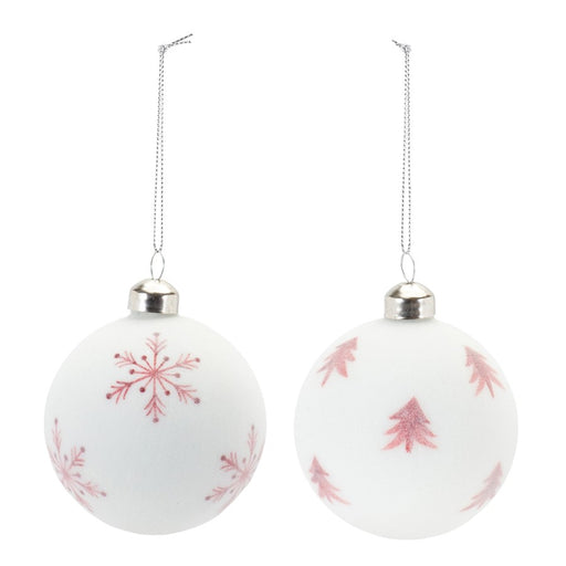 Melrose Frosted Snowflake/Tree Ball Ornament, Set of 12, White/Red
