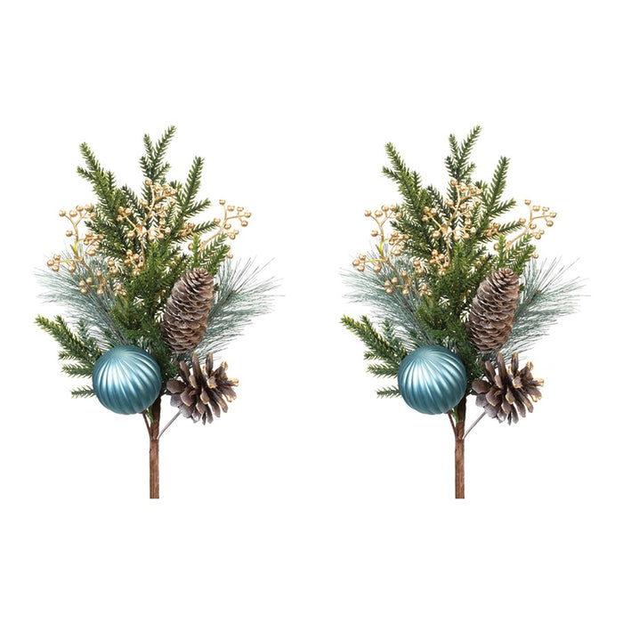 Melrose Pine Spray w/Ornament, Set of 2, White/Brown/Green