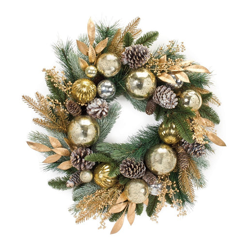 Melrose Decorated Mixed Pine Wreath 27"D, Gold/Green/Brown - 87508DS