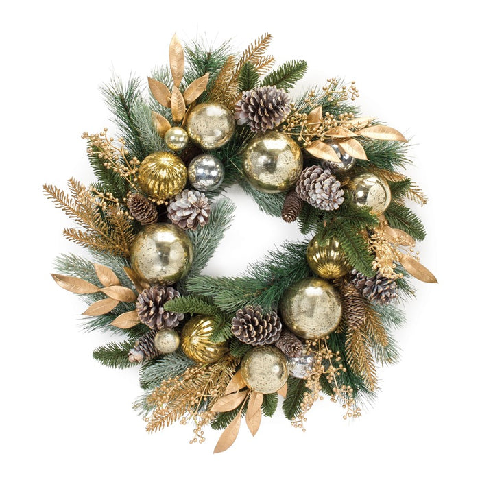 Melrose Decorated Mixed Pine Wreath 27"D, Gold/Green/Brown - 87508DS