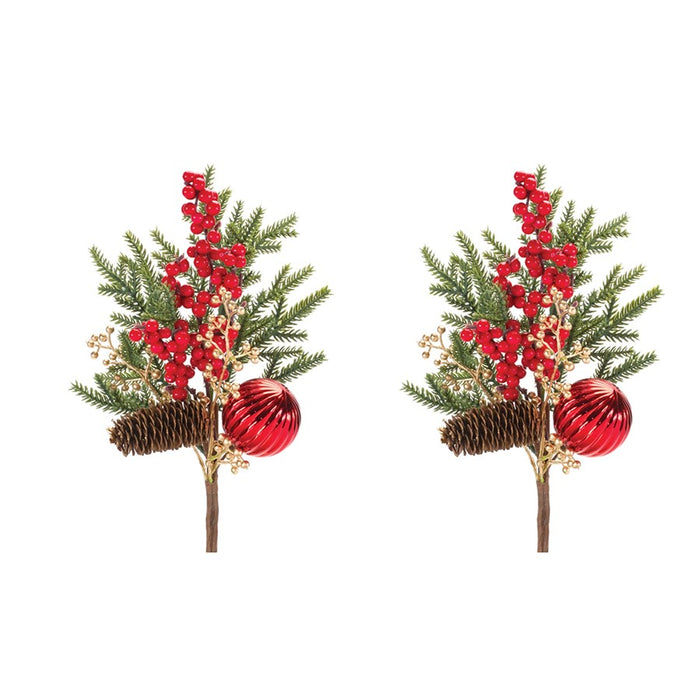 Melrose International Pine Spray/Berry/Ornament, Set of 2, Red/Green