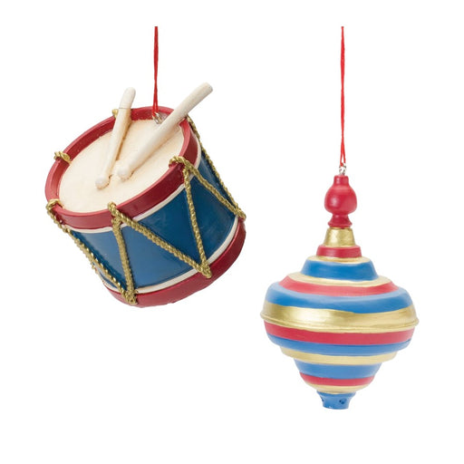 Melrose Toy Drum/Top Spinner Ornament, Set of 12, Red/Blue/Gold - 87523DS