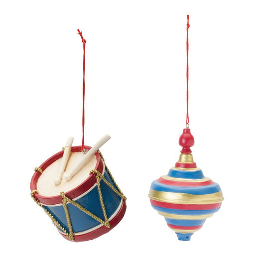 Melrose Toy Drum/Top Spinner Ornament, Set of 12, Red/Blue/Gold