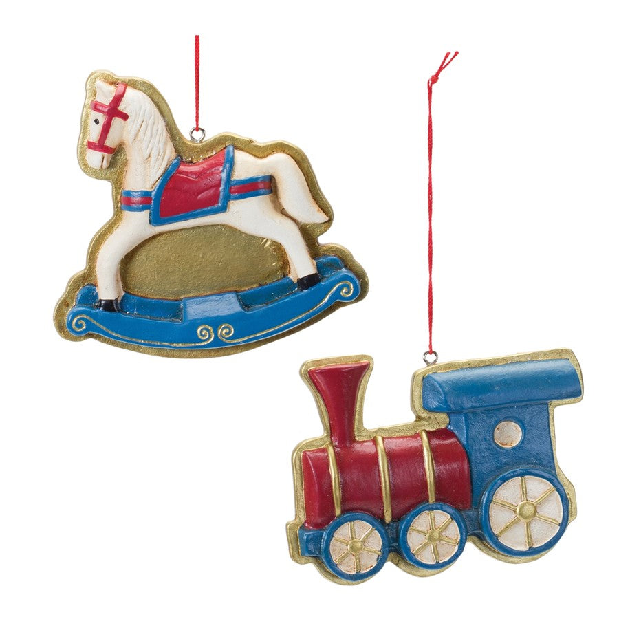 Melrose Rocking Horse/Toy TRain, Ornament, Set of 12, Blue/Gold - 87524DS