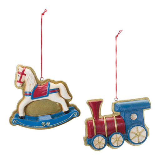 Melrose Rocking Horse/Toy TRain, Ornament, Set of 12, Blue/Gold