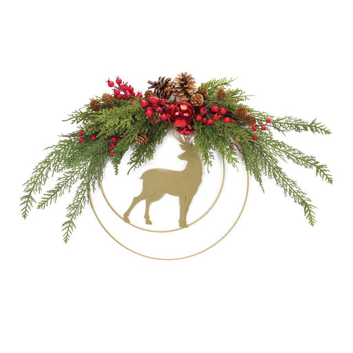 Melrose International Deer/Pine Half Wreath 18"D, Green/Red/Gold - 87537DS