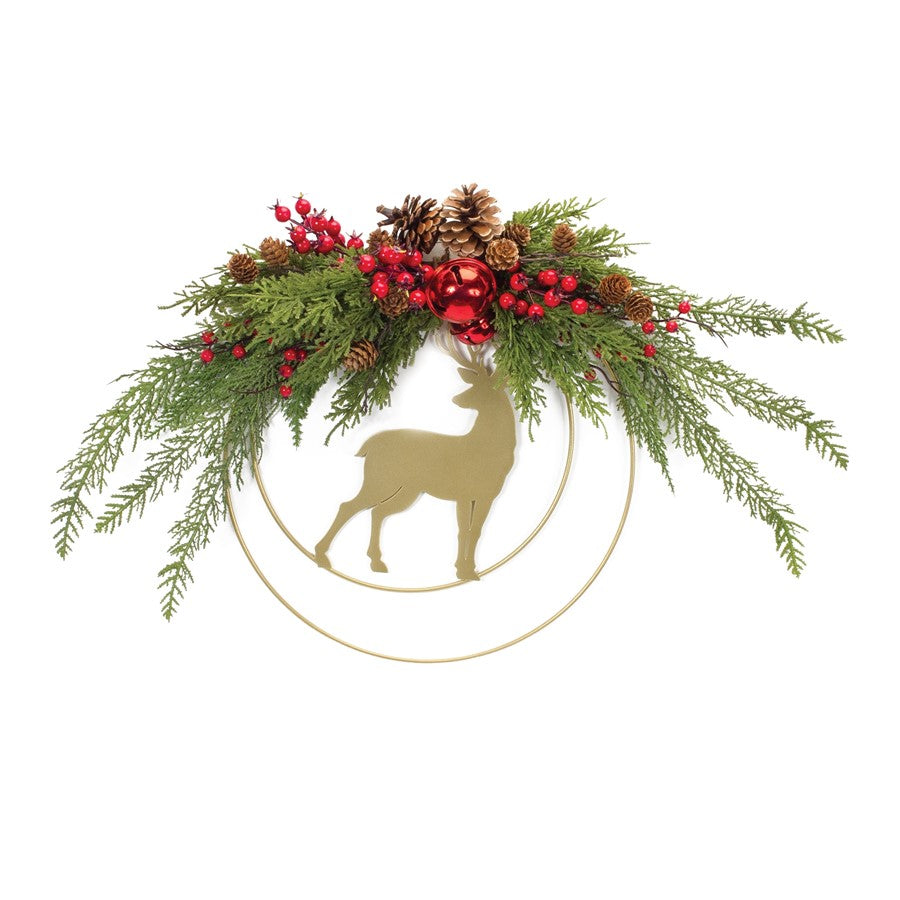 Melrose International Deer/Pine Half Wreath 18"D, Green/Red/Gold - 87537DS
