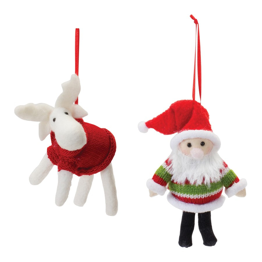 Melrose International Plush Santa/Moose Ornament, Set of 12, Red/White - 87619DS