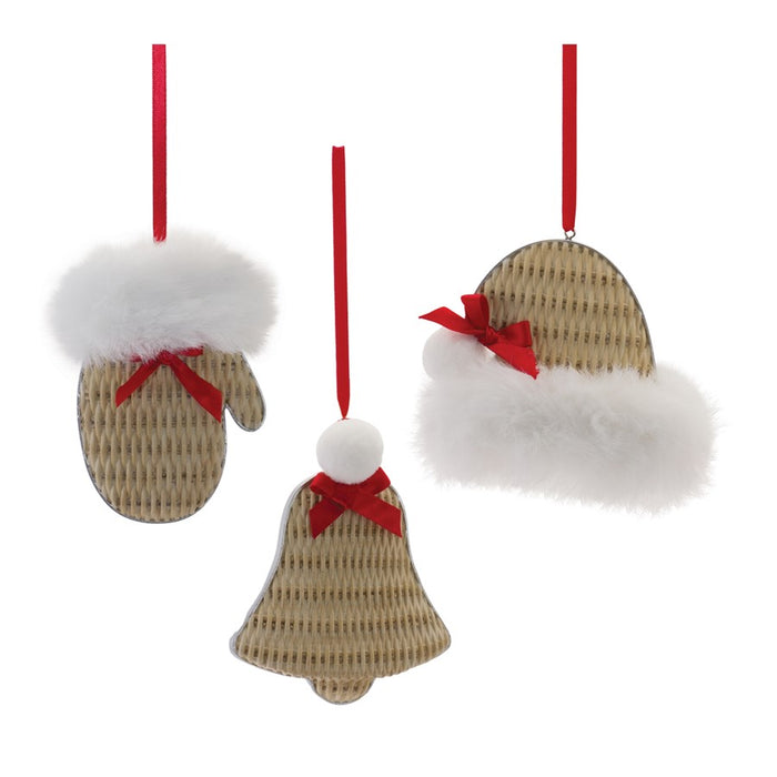 Melrose Cozy Mitten Hat/Bell Ornament, Set of 12, White;Brown;Red - 87636DS