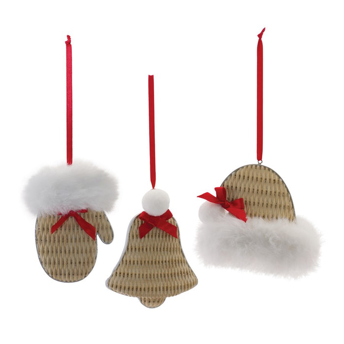 Melrose Cozy Mitten Hat/Bell Ornament, Set of 12, White/Brown/Red