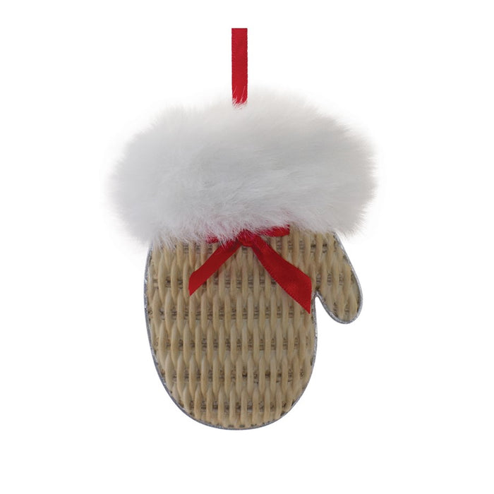 Melrose Cozy Mitten Hat/Bell Ornament, Set of 12, White/Brown/Red