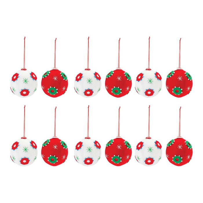 Melrose Whimsical Fabric Ball Ornament, Set of 12, White/Red