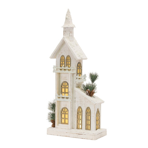 Melrose LED Lighted Winter Church Display 27"H, White/Green - 87667DS