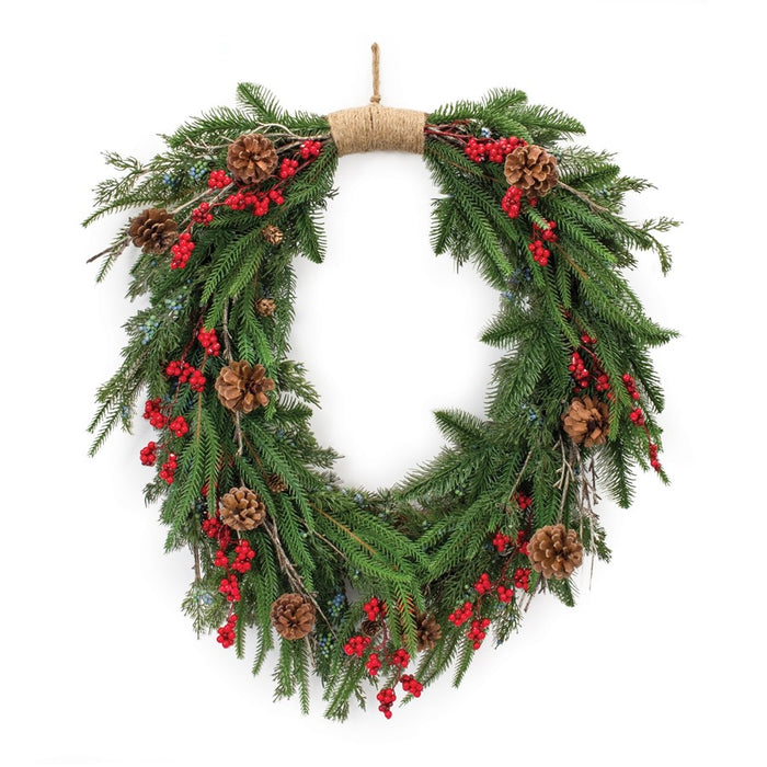Melrose International Mixed Pine Cone Berry Wreath 30"H, Green/Red - 87671DS