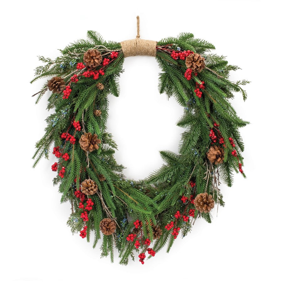 Melrose International Mixed Pine Cone Berry Wreath 30"H, Green/Red - 87671DS