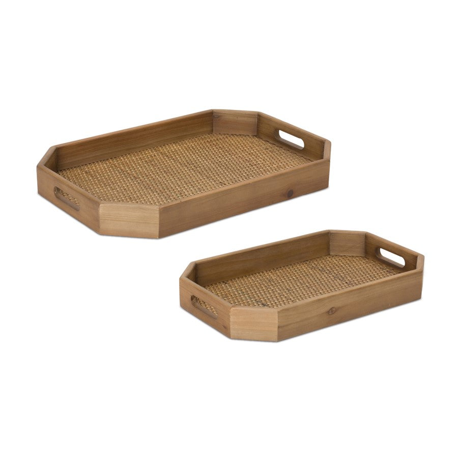 Melrose International Wooden Tray/Rattan Accent, Set of 2, Brown - 88012DS