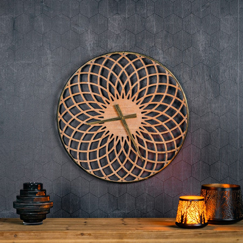 Melrose Round Lattice Wood Wall Clock 23.75"D, Brown/Bronze
