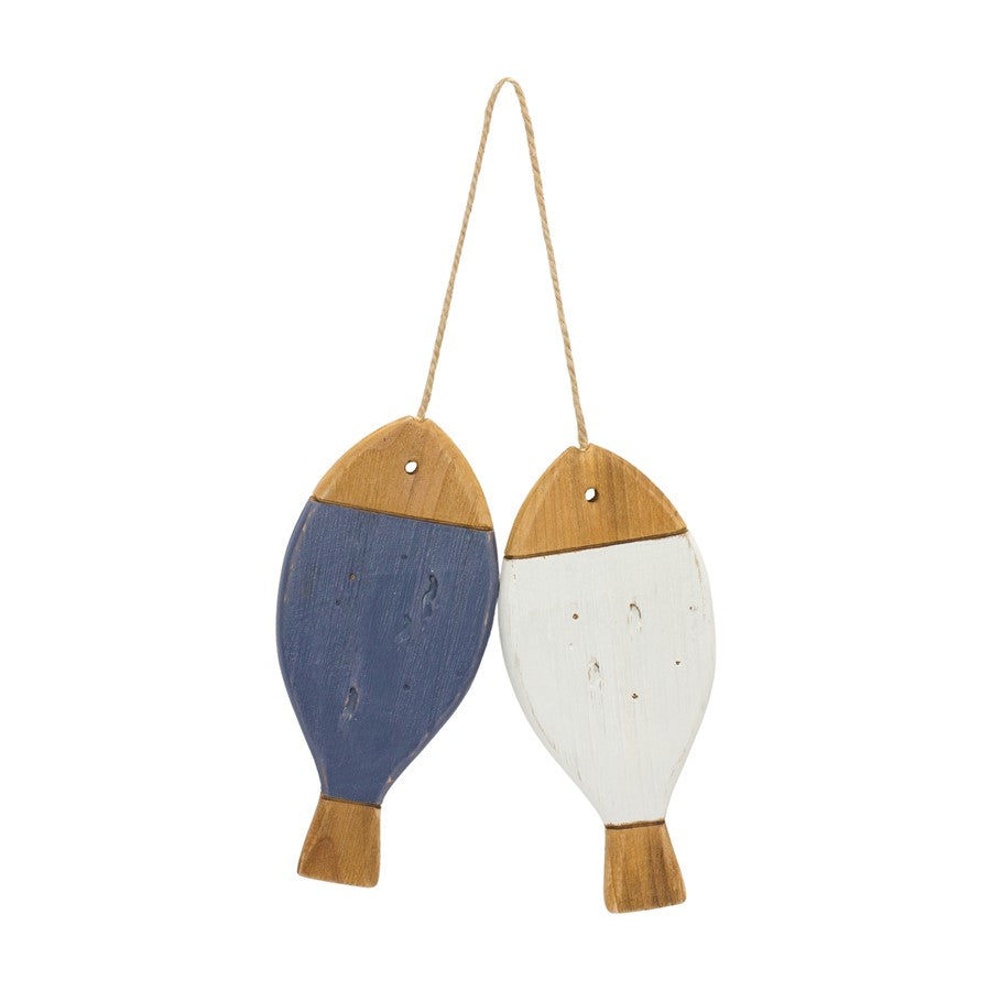 Melrose International Fir Wood Fish Ornament, Set of 2, White/Blue - 88028DS
